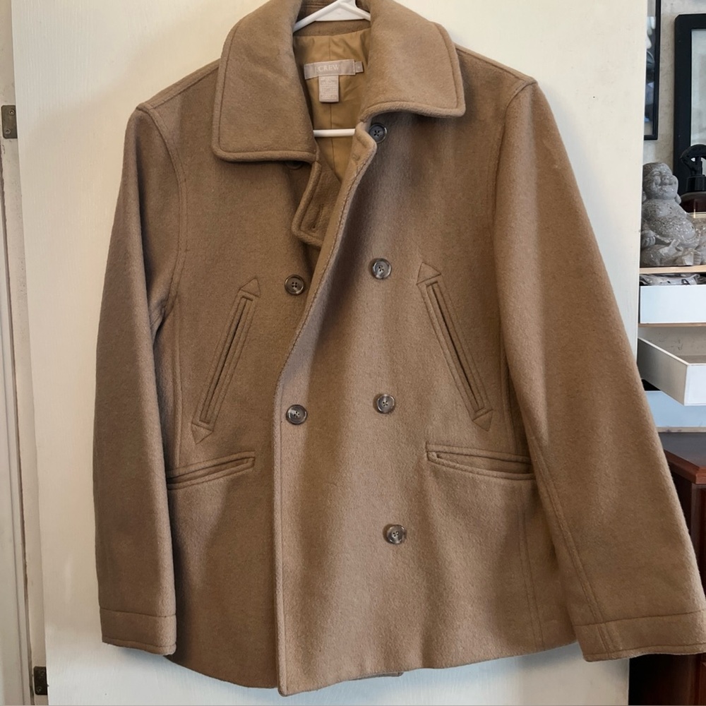 J crew women pea coat camel color size small wool blend‎